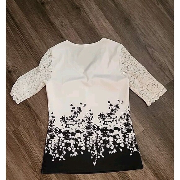 Black And White Women's Floral Lace 3/4.Sleeves Top Small Silky Tunic Blouse - Picture 5 of 7